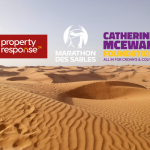 Sahara dessert pic with logos overlayed for Marathon Des Sables, Property Response 24 and Catherine McEwan Foundation all in one for Crohn's & Colitis