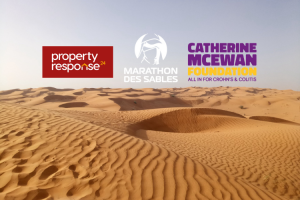 Sahara dessert pic with logos overlayed for Marathon Des Sables, Property Response 24 and Catherine McEwan Foundation all in one for Crohn's & Colitis