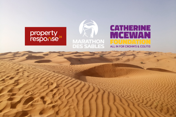 Sahara dessert pic with logos overlayed for Marathon Des Sables, Property Response 24 and Catherine McEwan Foundation all in one for Crohn's & Colitis