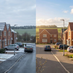 Split-screen view of a modern British housing estate transitioning from a frosty winter morning with discarded Christmas greenery to a bright, sunny spring day with budding flowers; representing proactive out-of-hours property management.