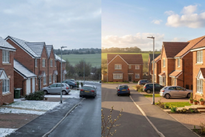Split-screen view of a modern British housing estate transitioning from a frosty winter morning with discarded Christmas greenery to a bright, sunny spring day with budding flowers; representing proactive out-of-hours property management.