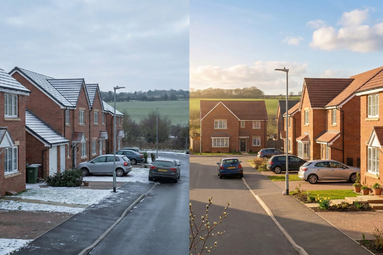 Split-screen view of a modern British housing estate transitioning from a frosty winter morning with discarded Christmas greenery to a bright, sunny spring day with budding flowers; representing proactive out-of-hours property management.