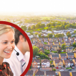 Modern UK housing estate background with a circular inset of a professional PR24 call agent wearing a headset and smiling, representing 24/7 property triage and emergency response.