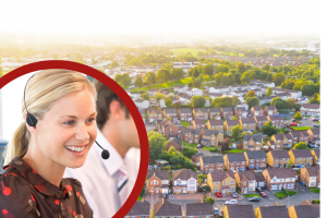 Modern UK housing estate background with a circular inset of a professional PR24 call agent wearing a headset and smiling, representing 24/7 property triage and emergency response.