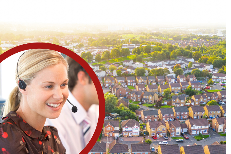 Modern UK housing estate background with a circular inset of a professional PR24 call agent wearing a headset and smiling, representing 24/7 property triage and emergency response.