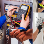 4 separate close up images of PR24 contractors including an electrician, a plumber working under a sink, a locksmith and a gas safety engineer repairing a boiler.