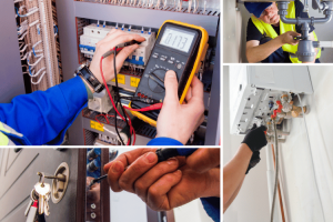 4 separate close up images of PR24 contractors including an electrician, a plumber working under a sink, a locksmith and a gas safety engineer repairing a boiler.