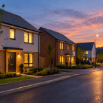 Modern new-build homes on a residential development at dusk, with warm lights glowing from the houses and streetlights reflecting on the road.