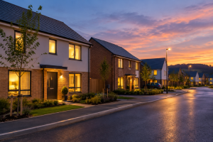 Modern new-build homes on a residential development at dusk, with warm lights glowing from the houses and streetlights reflecting on the road.